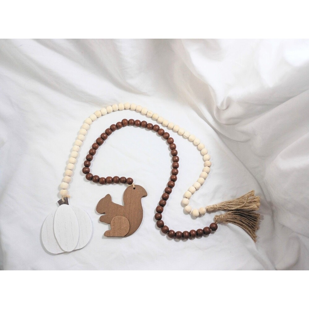 Lot of 2 Wooden Bead Fall Tassels - White Pumpkin and Brown Squirrel